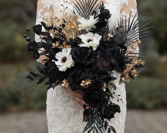 Black gold wedding bouquet white anemone black gold white anemone Halloween bouquet gothic white anemone wedding bouquet black gold wedding