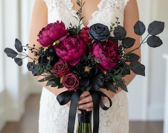 Fuchsia Black Bouquet, Gothic Wedding Bouquet, Cascading Hot Pink