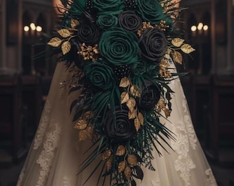 Schwarz dunkel Smaragd Rosen Rosen Farn Blattgold Gothic Hochzeitsstrauß Schwarz dunkel Teal Gold Halloween Gothic Hochzeitsstrauß