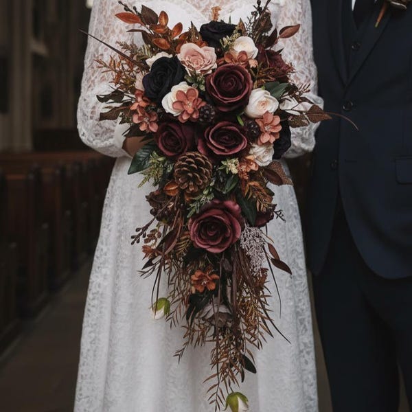 Fall brown rust wedding bouquet Rust ivory roses pinecone wedding bouquet fall rust wedding bouquet with birch branches rust wedding bouquet