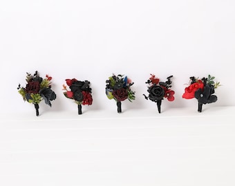 Black Burgundy Gothic Wedding Boutonniere: Rustic Groom Accessory