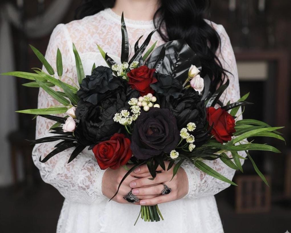Schwarzer Rosenstrauß Für Braut – Gotischer Hochzeitsstrauß, Künstliche Seidenblumen, Halloween-Deko, Stil B