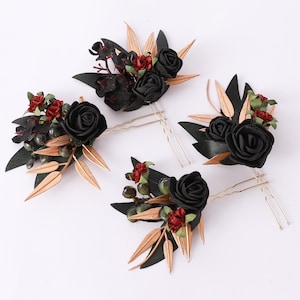 Set of 4 black gold burgundy hair pins black burgundy wedding hairpieces black burgundy Halloween hair pins black burgundy hair accessory