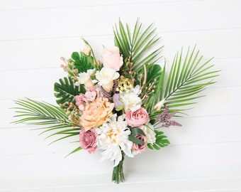 Tropical Bouquet, Beach Wedding bouquet, Palm leaves wedding bouquet, creamy eustoma wedding bouquet, dusty pink bouquet gold branches