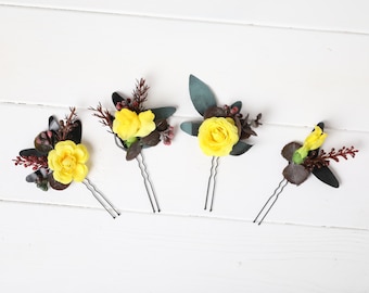 Set of 4 brown yellow hair pins, yellow wedding hair accessories, yellow bridal hair pins, brown yellow hairpiece bridesmaid