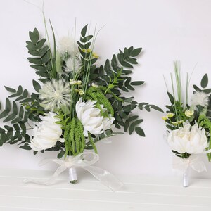 dandelions wedding bouquet with white flowers and green field greens and green amaranth