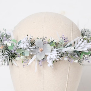 White & Gray Christmas Flower Crown: Winter Wedding Headpiece