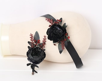 Black burgundy wedding boutonniere and corsage, gothic wedding boutonniere, goth black burgundy wedding
