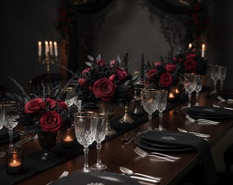 Black Burgundy Roses Table Bouquet Black Burgundy Roses Gothic Halloween Centerpiece