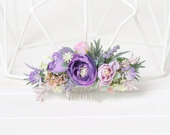 Pettine per capelli fiori viola crema malva, accessori floreali lilla lavanda, pettine floreale boho crema malva, copricapo da sposa lilla