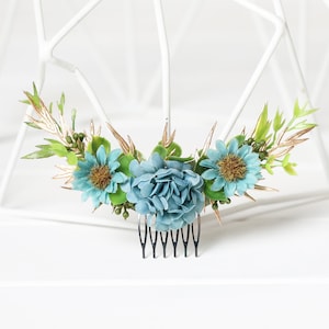 Turquoise gold hair comb dusty blue flower hair accessory turquoise gold floral comb blush blue wedding headpiece