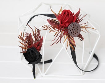 Black Burgundy Wedding Boutonniere: Rust Red Corsage, Goth Halloween