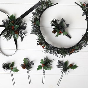 Dark Green Christmas boutonniere, Holly boutonniere and corsage, dark green Winter hair crown, dark Winter Christmas tree wedding hair pins