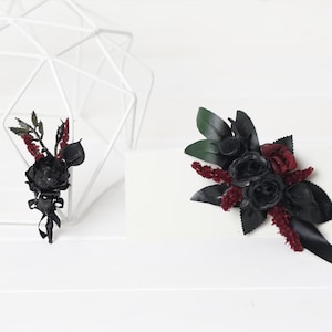 Black burgundy wedding boutonniere and corsage, gothic wedding boutonniere, goth black burgundy wedding