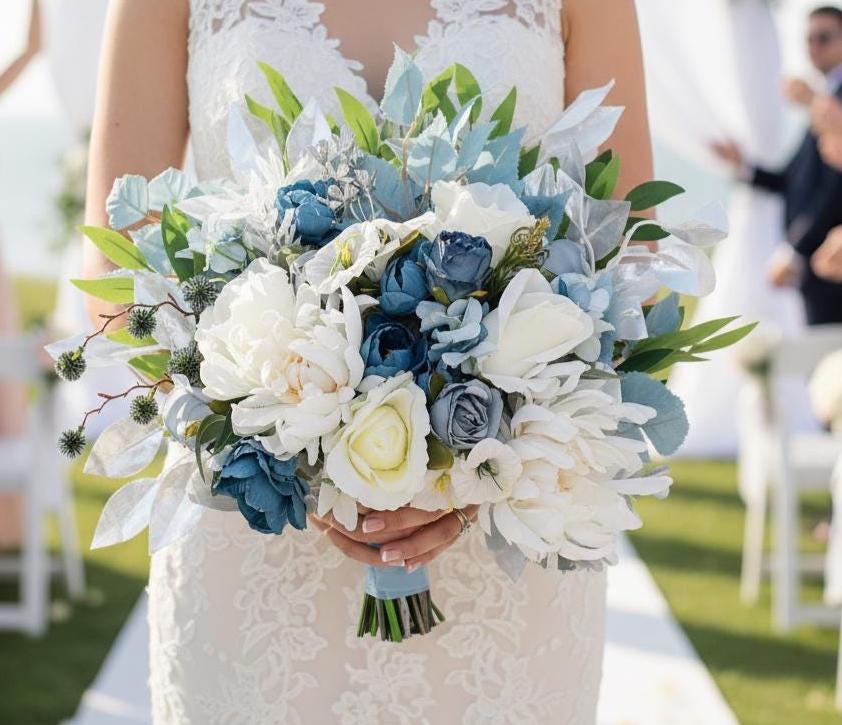 Dusty blue roses ivory silver wedding bouquet, dusty blue silver rustic…