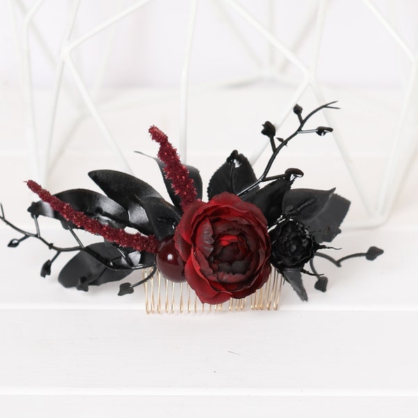 Black burgundy gothic hair comb, goth wedding hair comb, bridal burgundy flower hair comb, hairpiece bridesmaid burgundy goth black wedding