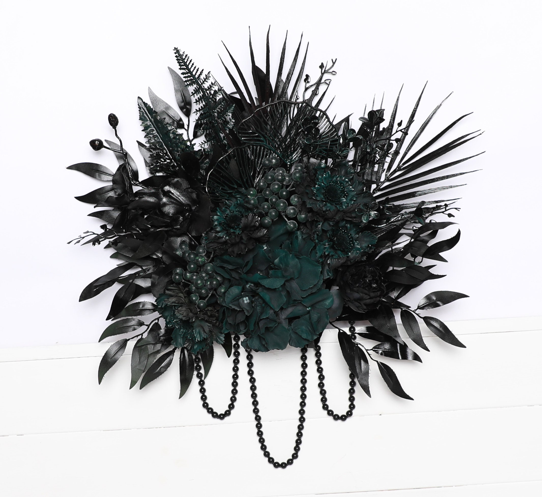 Ramo de novia negro y verde esmeralda: flores de tela góticas para Halloween