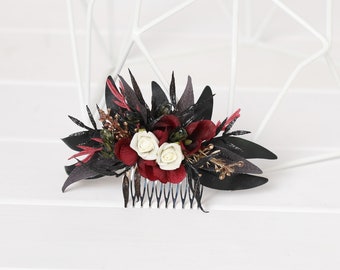 Black burgundy gothic hair comb, goth wedding hair comb, bridal burgundy flower hair comb, hairpiece bridesmaid burgundy goth black wedding