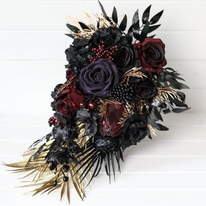 Black gold burgundy wedding bouquet, black gold burgundy cascading bouquet gothic black navy red bouquet black gold burgundy vampire wedding