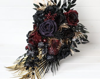 Black gold burgundy wedding bouquet, black gold burgundy cascading bouquet gothic black navy red bouquet black gold burgundy vampire wedding