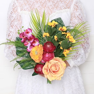 Tropical Bouquet hot pink orchids orange roses Beach Wedding bouquet Hawaii Palm leaves bouquet hot pink orange Desert wedding bouquet