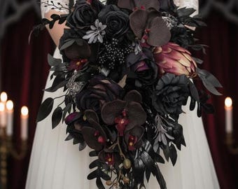 Black orchids dark purple wedding bouquet, goth black deep plum Halloween wedding bouquet, black purple eggplant vampire wedding bouquet
