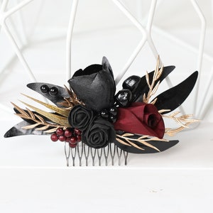 Black Burgundy Floral Hair Comb: Gothic Wedding Hairpiece