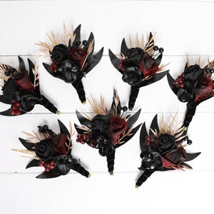 Black Roses Burgundy Gold Leaves Gothic Wedding Boutonniere: Deep Red & Gold