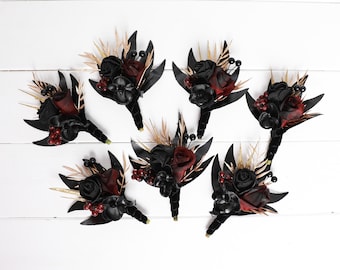 Black Roses Burgundy Gold Leaves Gothic Wedding Boutonniere: Deep Red & Gold