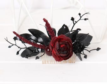 Black Burgundy Rose Gothic Hair Comb: Bridal Flower Hairpiece