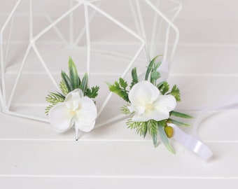 Boutonnière de mariage d'orchidée blanche verte, corsage d'orchidée blanche, boutonnière verte blanche, mariage d'orchidée blanche, corsage d'orchidée blanche