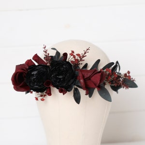 Schwarze bordeauxrote Gothic Haarkrone, Gothic schwarze Hochzeit Haarkrone, Braut Burgunder Blumen Haarkranz, Haarteil burgundy Gothic schwarze Hochzeit