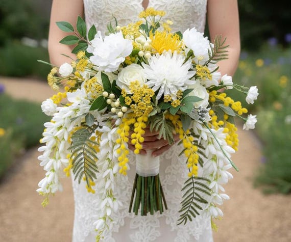 Yellow Mimosa Flowers White Roses Wisteria Greenery Wedding Yellow Mimosa Flowers White Roses Wisteria Greenery Wedding