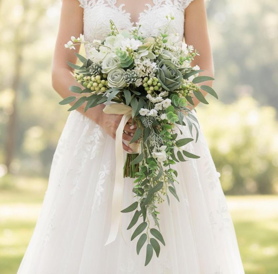 bouquet blossoms meredith dress green Sage Roses Ivory Wedding Dusty Green Eucalyptus Hydrangea Wedding Bouquet White Daisies Lilies of the Valley Rustic Wedding W142026MonDay