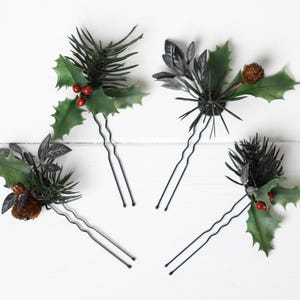 Set of 4 Holly Hair Pins Christmas Hair Piece Christmas hair accessory winter hair pin for women Holiday Green red headpiece Christmas Gift