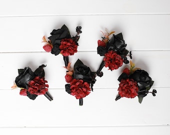 Black Burgundy Wedding Boutonniere: Gothic Vampire Buttonhole