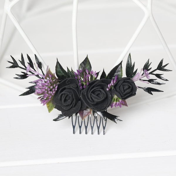 Black purple goth hair comb black plum headpiece black deep purple flower headpiece black purple Halloween wedding black eggplant hair comb