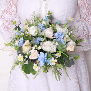Rustic Ivory Rose Wedding Bouquet: Dusty Blue Eucalyptus Fabric Flowers