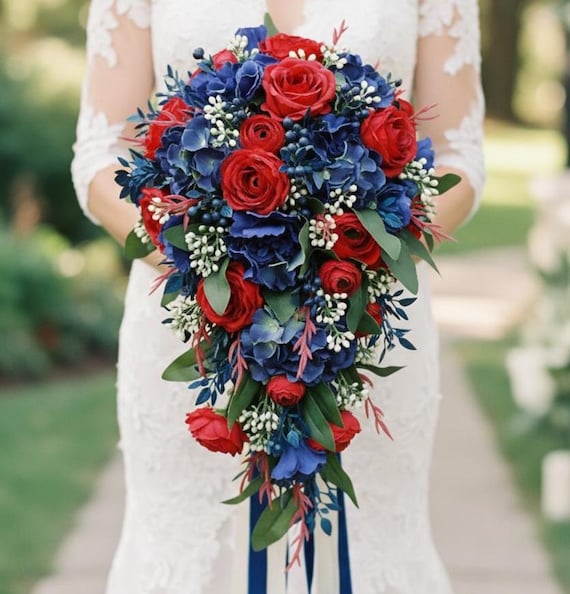 Red Royal Blue Wedding Bouquet Rustic Wedding Bouquet With Royal Blue Hydrangea Red Royal Blue White Wedding Bouquet