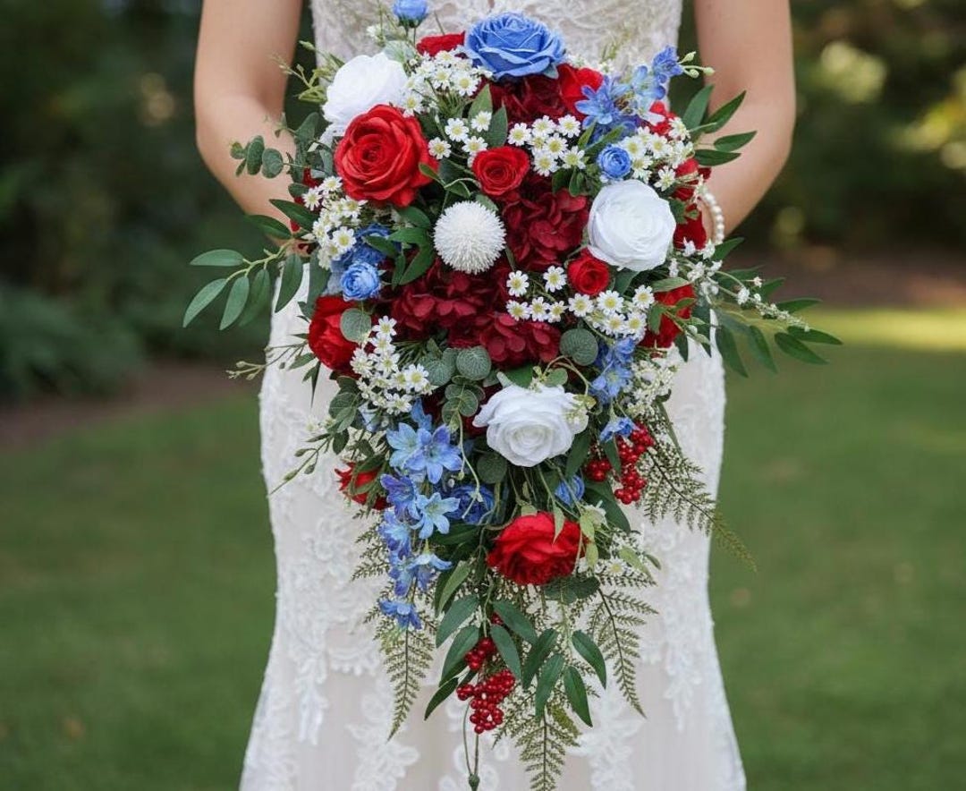 Blue Red Roses Red Blue White Roses Daisy Forest Green Wedding Bouquet Rustic Farytale ...