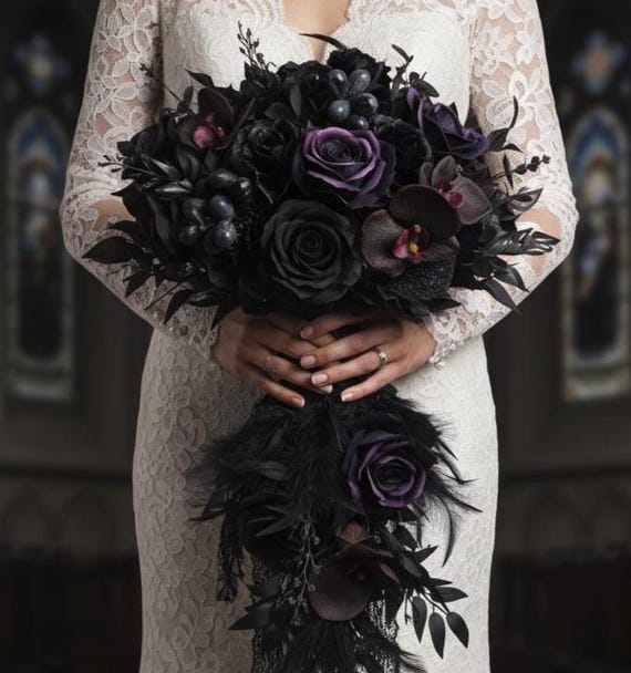 black bridesmaid dresses with purple flowers Orchids Dark Wedding Bouquet, Goth Black Deep Plum Halloween Wedding Bouquet, Black Purple Eggplant Vampire Wedding Bouquet evening party or any
