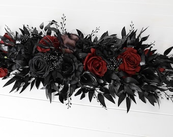 Black Flower Leaves Burgundy Roses Table Bouquet: Gothic Halloween Centerpiece