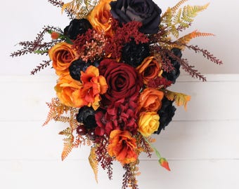 Black Rust Orange Gothic Wedding Bouquet: Terracotta Fabric Flowers