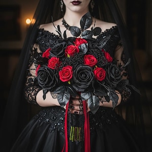 Black Red Roses Gothic Wedding Bouquet black red Halloween Vampire Wedding Bouquet