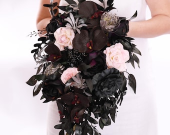 Black orchids gray dark purple wedding bouquet goth black deep plum Halloween wedding bouquet, black purple eggplant vampire wedding bouquet