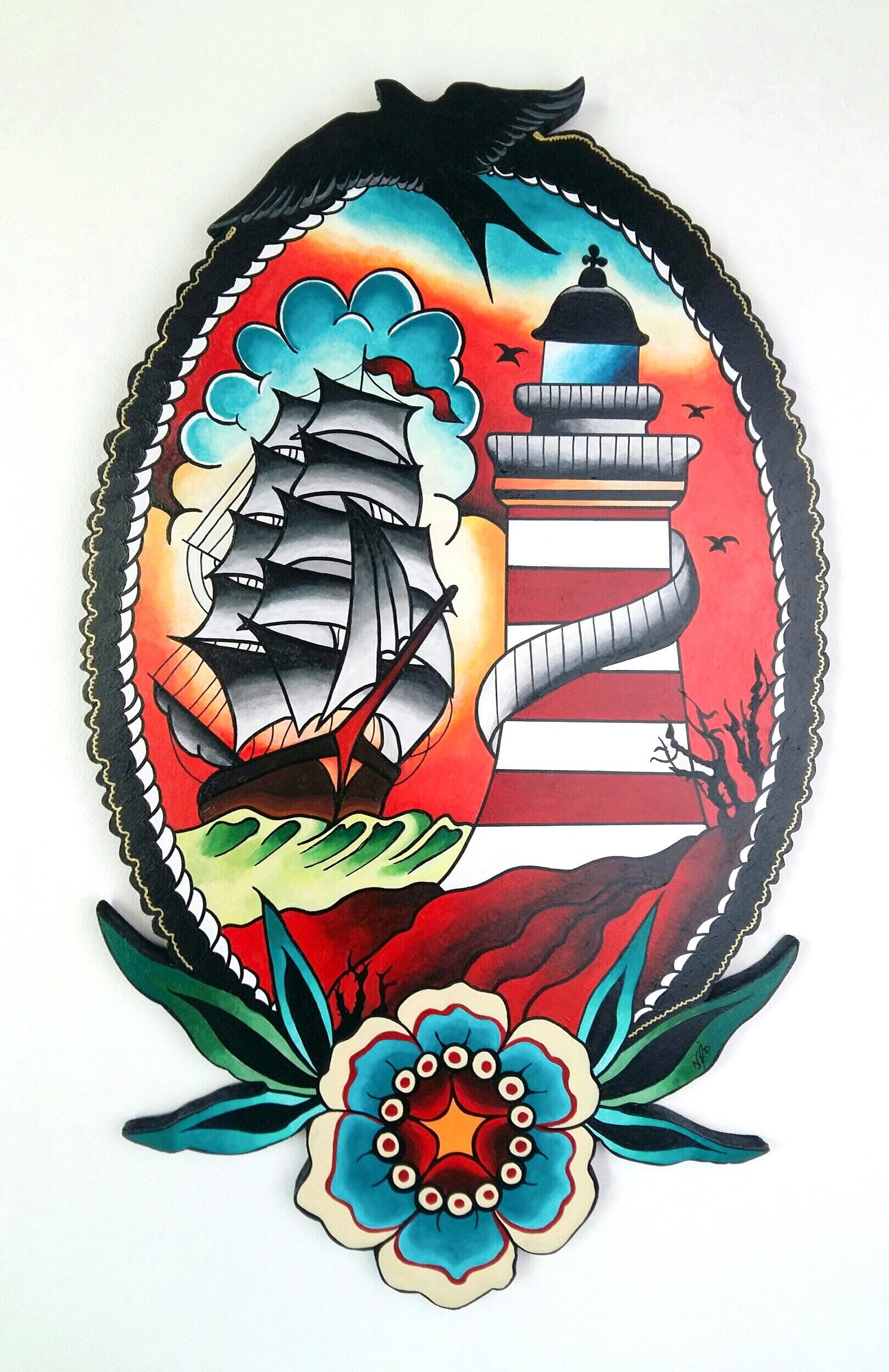 Décoration Murale Le Phare et Le Bateau Tattoo Oldschool