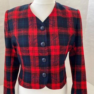 Womens Wool Short Jacket -Collarless style-Tartan and Paisley Check -Red Black Green- Marion Donaldson Designer-MEDIUM - USA 10- UK 12