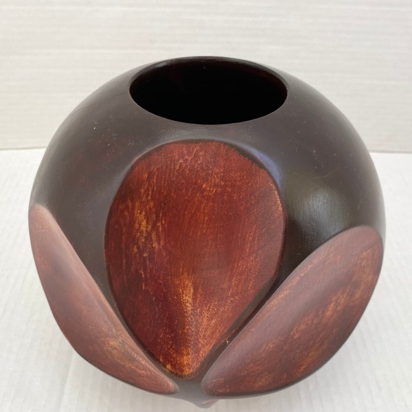 Heavy Wooden Ball Decoration-Turned Wood-Vintage Large Sphere Shaped Pot-Orla Kiely style 70s Flower Leaf Carving-polished-Size 8"-21cm