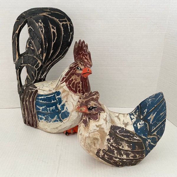 Carved Wood Chickens Roosters Pair-Large + Small-Wooden Cockerels -Kitchen Decor-vintage Handmade Rustic Farmhouse style-Restaurant Display