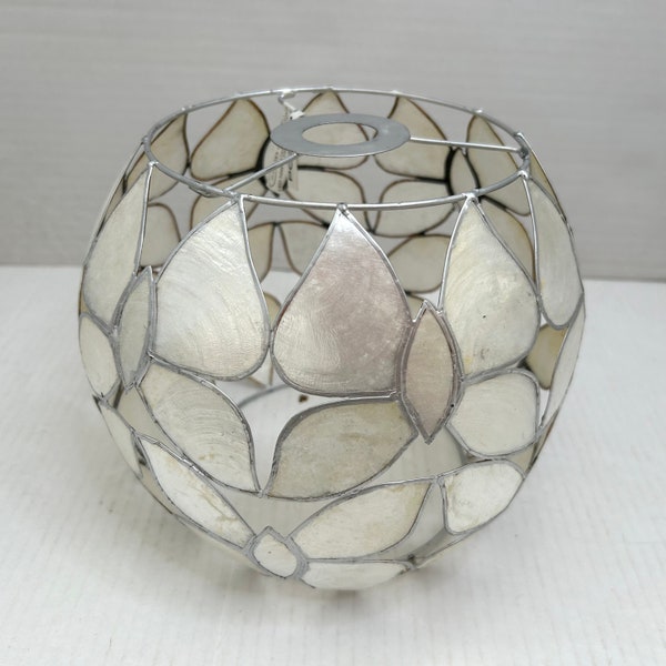 Vintage Capiz Shell Pendant Ball Light Shade-Butterfly Shaped Tiles- Pearlised Silver-Natural Shell-Lightweight-Silver Metal Frame-Retro
